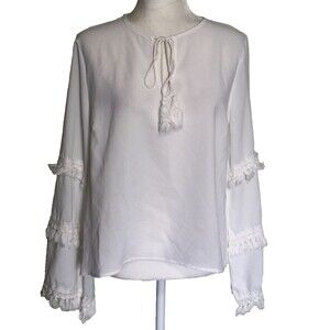 Main Strip Women's Boho White Peasant Top Romantic Bell Fringe Sleeves Size M